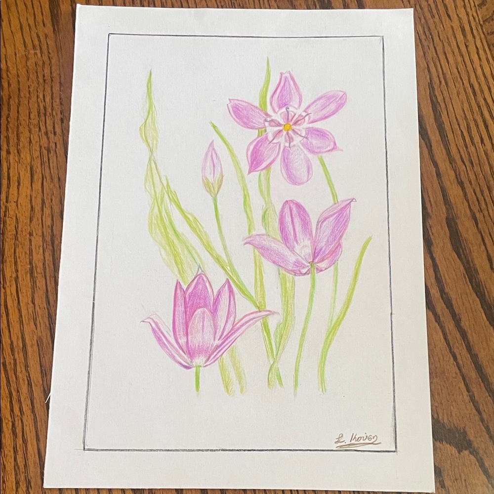 Original Floral Art with Pink and Green Accents Signed By Artist L Kousy